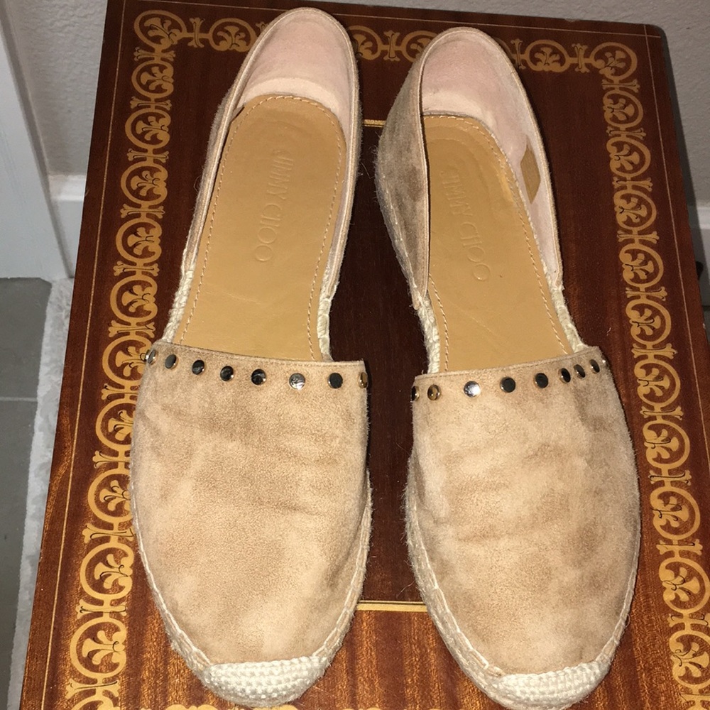 Jimmy Choo 38.5 tan suede espadrille flats NWOB